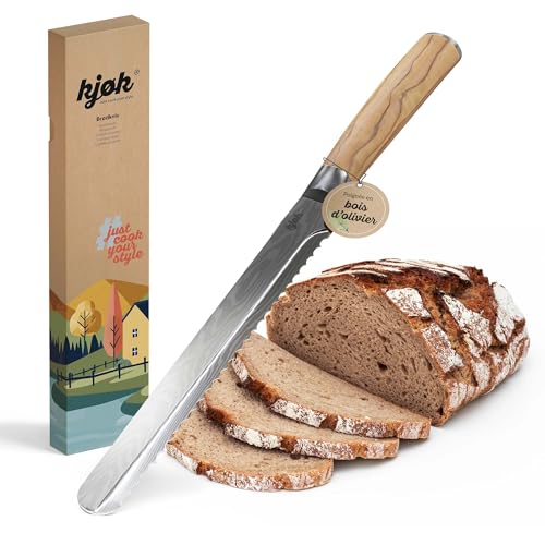 kjøk Premium Couteau à pain – lame en acier 5cr de 20 cm, dureté 56±2 HRC, manche ergonomique en bois d’olivier, Couteau de Cuisine à lame dentelée ultra tranchante pour pain et rôti – Bread Knife