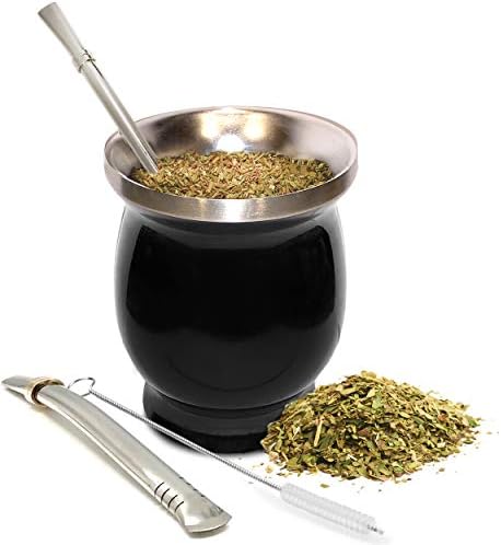 UPGRADED Yerba Mate Natural Gourd/Tea Cup Set (Original Traditional Mate Cup - 8 Ounces) | Includes 2 Bombillas (Yerba Mate Straws to Use) & Cleaning Brush | Stainless Steel | Double-Walled