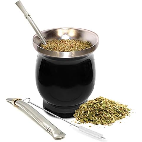 Norte Yerba Mate Natural Gourd/Tea Cup Set (Original Traditional Mate Cup - 8 Ounces) | Includes 2 Bombillas (Yerba Mate Straws to Use) & Cleaning Brush | Stainless Steel | Double-Walled Cover