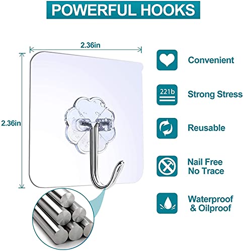 Image of KASHIVAL Self Adhesive Wall Hooks Pack of 20 Pieces 10 Flat + 10 Hanging | Stainless Steel Hooks Transparent PVC| No Drill Waterproof Hooks for Bathroom Kitchen (20 Hanging Hook)
