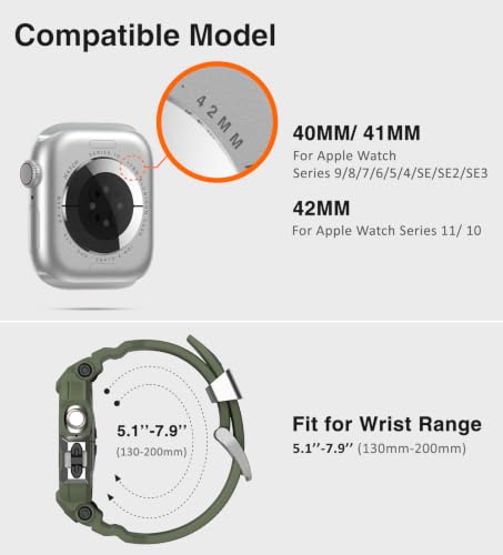 Image of ULTIMAL Rugged Band Compatible with Apple Watch Band 42mm Series 11 /10 with Case, Military-Grade Shockproof Strap for iWatch with Bumper Case Cover Men Women(Army Green)
