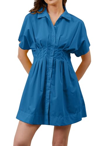 Image of calbatic Women Button Down Pleated Shirt Dress Striped Short Sleeve Summer Casual Business Flowy Mini Short Dress Dark Blue