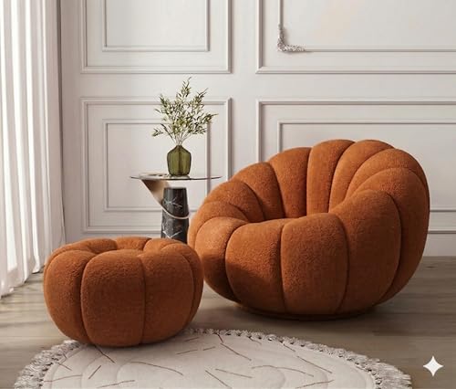 Image of CRAFTCITY Pumpkin Style Wooden Sofa | Contemporary Wool Sofa with Swen Pillow Back for Living Room (Orange, 1 Seater with Ottoman)