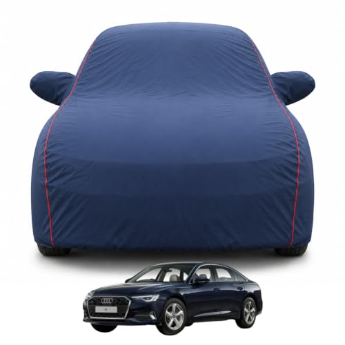 Image of Premium Car Cover for Audi A6 Model | Waterproof, UV & Dust Protection | Mirror & Antenna Pocket | Triple Stitched, Soft Inner Lining, Belt & Buckle (Navy Blue)