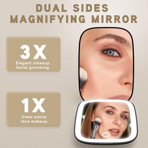 Rechargeable Lighted Travel Mirror with 3 Color Modes and 1X/3X Magnification – Compact Makeup Mirror for Purse, Ideal Gifts for Girls and Women - Black