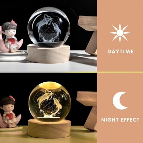 Image of STARKENDY Wooden Base Night Light 3D Crystal Ball | Portable USB 3D Crystal Lamp | Wooden Table Lamp Desktop Ornaments Warm White Lighting (3 D Dolphine)