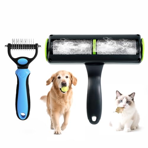 Pet Grooming Set-Pet Hair Remover Roller and Double Sided Undercoat Rake for Dogs & Cats