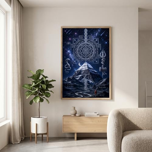 Image of Livin'luxe Kailash Mountain Om Yantra Wall Painting for Living Room Bedroom Pooja Room Decor with Premium Wooden Color Synthetic Frame, Spiritual Hindu Art Gift (18 x 24) NL01-4088