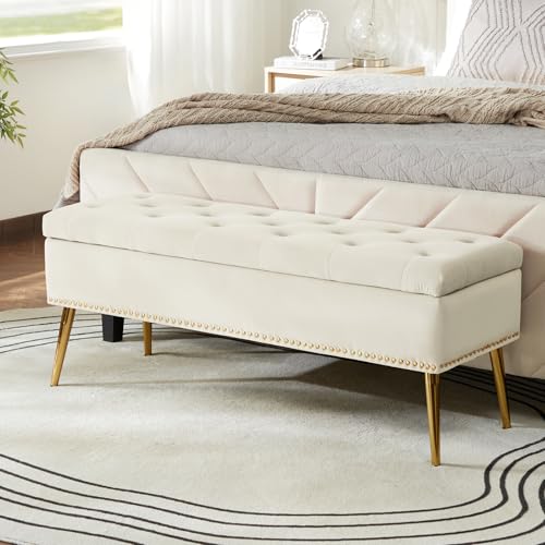 HULALA HOME Banc de Rangement Moderne en Velours avec Base dorée et Garniture cloutée, Banc de Chambre rembourré pour Bout de lit, Repose-Pieds capitonné pour entrée, Salon, Salle à Manger,Blanc