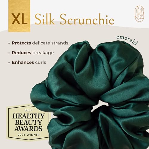 Image of Silk Scrunchies for Women Ponytail Holders - Oversized Mulberry Silk Scrunchie - Extra Large No Damage Hair Tie for Curly, Thick, and Thin - Hair Accessories for Women - Emerald, XL By Curlfriend