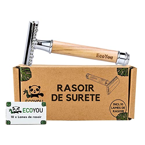 EcoYou Rasoir de Sécurité - Rasoir de Sûreté pour Femme et Homme en Bois d'Olivier - Rasage Doux de l'Ensemble du Corps - Sans Plastique, Éco-Responsable, Zéro-Déchet - Vendu avec 10 Lames Cover
