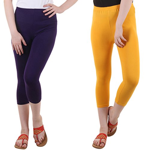 Image of DIAZ Women Cotton Stretchable Capri | Slim /Regular Fit | Breathable Yoga, Gym & Lounge Wear | High-Waist Stretchable 3 /4 Length Leggings with Wide Waistband - Pack of 2