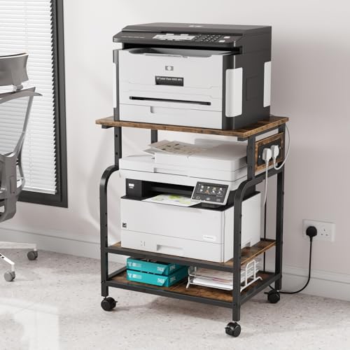 OYRREU 3-Tier Rolling Printer Stand with Outlets, Printer Table with Charing Station, Adjustable Storage Shelf Cart for Office, 3D Printers, Heat Press (Retro)