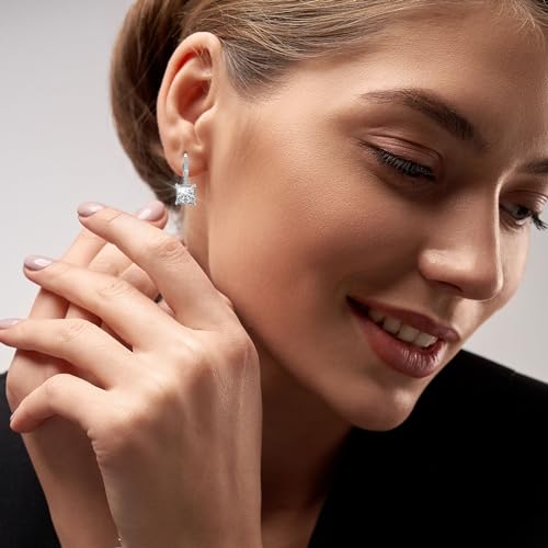 18K White Gold Plated Princess Cut Cubic Zirconia Drop Leverback Earrings Sterling Silver Square Simulated Diamond CZ Dangle Earrings for Women Hypoallergenic2