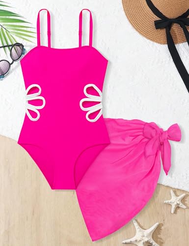 Image of Girls Swimsuit Adjustable Straps Cut Out One Piece Bathing Suit with Solid Color Cover Up Skirt Girls' Swimwear 5-16Y