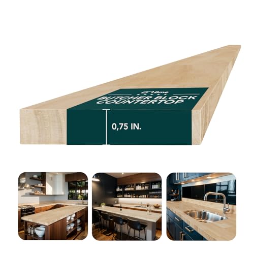 Bme Hevea Solid Wood Butcher Block Backsplash Countertop, 8ft L x 4' W, 0.75in Thick, Unfinished Backsplash Wood slabs for DIY, Kitchen Countertop
