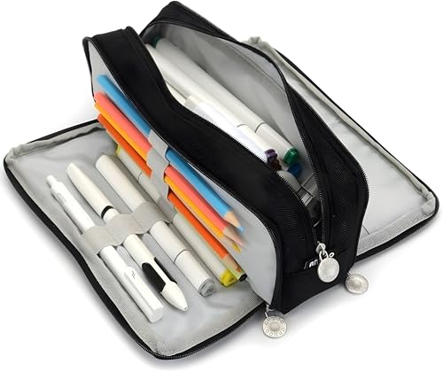 Image of OSDUE Canvas Premium Pencil Case, 6 Layer, 3 Compartments, Large Capacity, Cute Aesthetic Design for Girls, Multifunctional Pouch for School Kids, Black, Horizontal