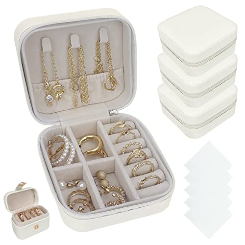 Hiixhc 4Pcs Small Jewelry Box, Travel Portable Pu Leather Mini Jewelry Case For Ring, Pendant, Earring, Necklace, Bracelet Organizer Storage Holder Boxes Gift For Women Girls, White #TOP25