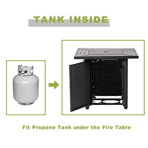 COSIEST Outdoor Metal Fire Table, 28-inch Square Black Brown Fire Pit, 40,000 BTU Auto-Ignition Fire Bowl w Imitation Wicker Base, Internal Propane Tank, Free Brown Lava Rocks