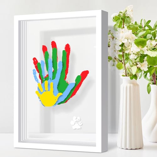 Image of Omrhvi Family Handprint Kit, Hand Prints Keepsake Frame, DIY Craft Gift for New Parents & Mom & Baby, Grandparents, Mother's Day, Father's Day, Adoption Day, Anniversary, 6 Non -Toxic Paints (White)