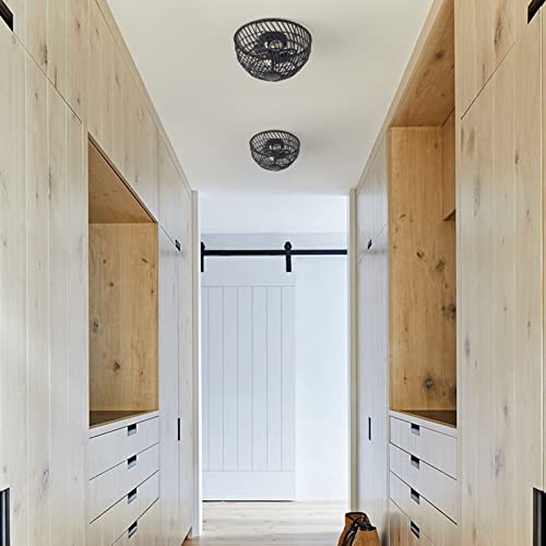 Shitougu Woven Rattan Ceiling Light,2-Light Black Rattan Semi Flush Mount Ceiling Light,Coastal Farmhouse Vintage Ceiling Light For Bedroom Kitchen Hallway #TOP5