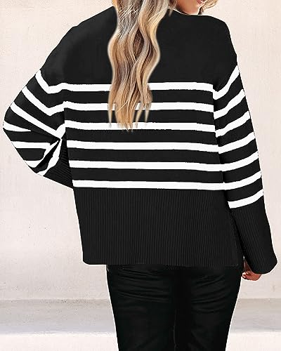 Image of KIRUNDO Women's Striped Knit Oversized Fall Sweaters 2026 Trendy Clothes Crewneck Winter Pullover Sweater Side Split