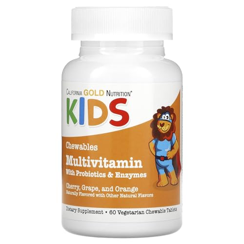 California Gold Nutrition Chewable Multivitamins with Probiotics, Enzymes, Vitamin A and Vitamin C for Children, Assorted Fruit, 60 Vegetarian Tablets