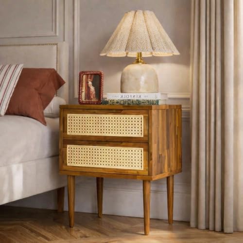 Image of Solid Wood Rattan Nightstand /Side Table /End Table, Fully Assembled, for Bohemian & Mid Century Style Bedroom and Living Room (Honey Finish)
