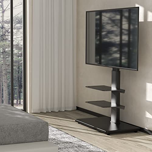 Rfiver Swivel Floor Tv Stand With Mount, Wood Base And 2 Flexible Media Shelves For 40 43 49 50 55 60 65 70 75 77 Inch Flat Screens/Curved Tvs, Height Adjustable Corner Tv Stand For Bedroom And Office #TOP6