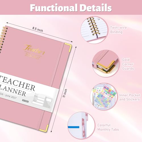 Teacher Planner 2026-2027, Jul 2026-Jun 2027 Academic Year, 8.5" x 11" Lesson Planner Book for Teachers Calendar, Spiral Bound Planners, Colorful Monthly Tabs, Hardcover, Corner Protectors - Pink - Image 2