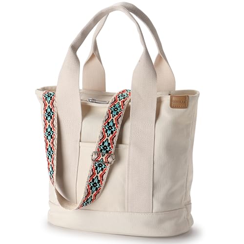 Sacola de lona para mulheres, ombro transversal, trabalho, academia, escola, viagem, bolsa de mão com zíper e compartimentos, Off-white, Vários bolsos