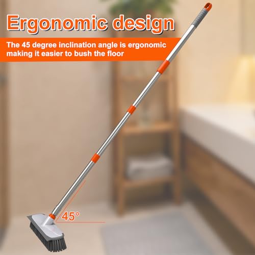 Image of ITTAR Floor Scrub Brush with Long Handle, 12 inch Wide 2-in-1 Deck Brush and Squeegee with 55 inch Stainless Steel Pole, Heavy-Duty Stiff Bristles for Shower, Tile, Garage, Patio & Kitchen-Orange