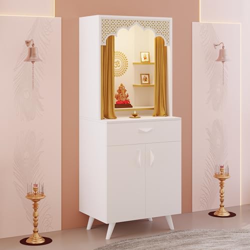 Image of BLUEWUD Sharnam Mandir, Big Size Temple for Home with Storage Cabinet, Pooja Stand, Doors, Drawer & Golden Curtain, Floor Standing Puja Room Altar for Living Room (DIY-White) (Sharnam Puja Mandir)