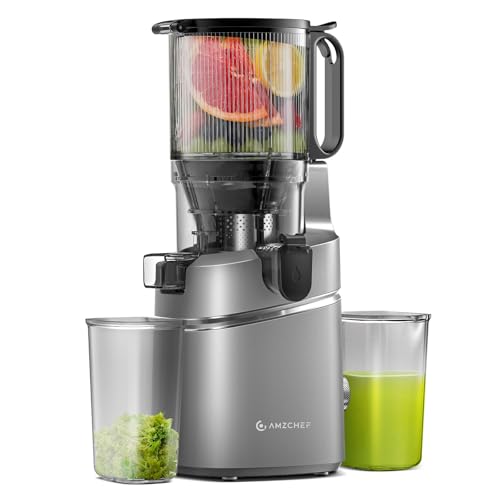 AMZCHEF 250W Extracteur de jus lent automatique Vos mains libres avec triple filtre, Ouverture de 135 mm et capacité de 1,8 L Extracteur de jus de fruits et légumes entiers - Gris