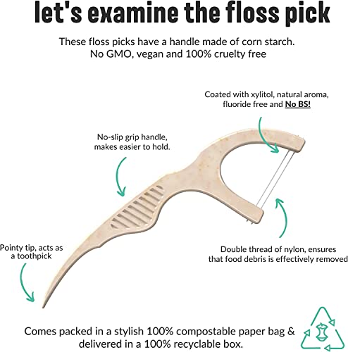 Natural Dental Floss Picks (200) - Vegan, Sustainable, Reusable Floss Sticks For Adults And Kids With Dental Pick - Plaque Remover For Teeth Cleaning - Tooth Picks Flossers - Eco Friendly Floss Pick #TOP3