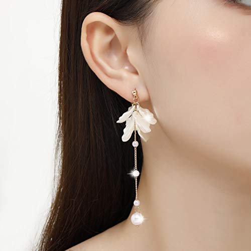 Kruckel Pearl Flower Long Drop Dangling Earrings - Cute Sparkly Golden Stud Lightweight Women Jewelry, White Petal Dangles, Easy - Wear Fashion Design Accessory with Durable Jewelry Box3