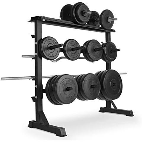 Physionics® Weight Storage Rack - Multipurpose, Multilevel, 300 kg Max. Load, Steel, 98 x 95 x 48 cm, Black - Heavy Duty Barbells, Dumbbells & Weight Plates Holder / Stand Cover