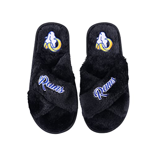 Image of FOCO Womens NFL Team Script Wordmark Fuzzy Cross Slide Slippers
