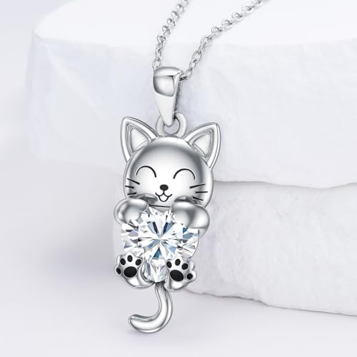 LONAGO Cat Necklace with Heart Birthstone Cat Pendant Necklace Sterling Silver Gifts for Women2