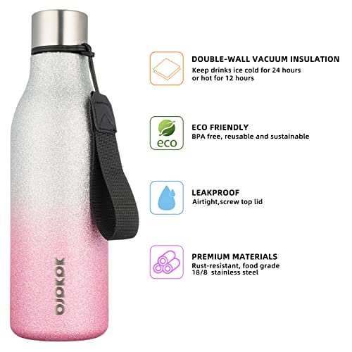Image of BJPKPK Insulated Water Bottles, 18 oz Stainless Steel Metal Water Bottle with Strap, BPA Free Leak Proof Jugs,Mugs,Flasks, Reusable Thermal Flasks for Sports & Travel,Sparkling Silver Pink