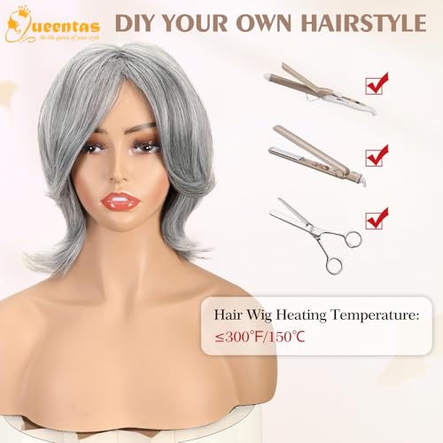 Image of 12 IN Black Mixed Grey Silver Layered Wig for Women with Curtain Bangs