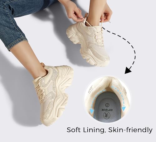 Image of K KIP WOK Chunky Sneakers for Women Fashion Platform White Leather Casual Dad Shoes Comfortable Wedge Walking Sport Sneakers | White Leather Casual Dad Shoes Comfortable Wedge Walking Sport Sneakers