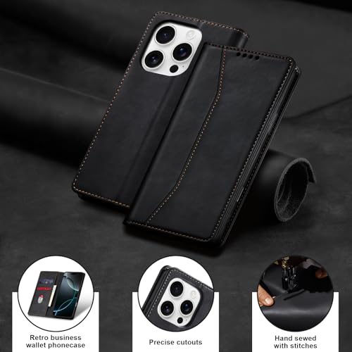 Image of Jasonyu Flip Wallet Case for iPhone 16 Pro,Leather Magnetic Folio Cover with Card Holder,Kickstand - TPU Shockproof Durable Protective Phone Case,Black