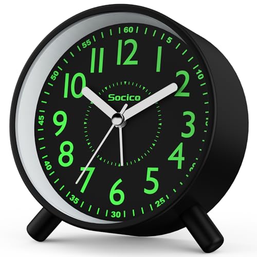 SOCICO Analoger Wecker, Runde Retro-Metall-Nachttischuhr – Batteriebetrieben mit Nachtlicht und Schlummerfunktion, für Büro, Schlafzimmer, Reise,...