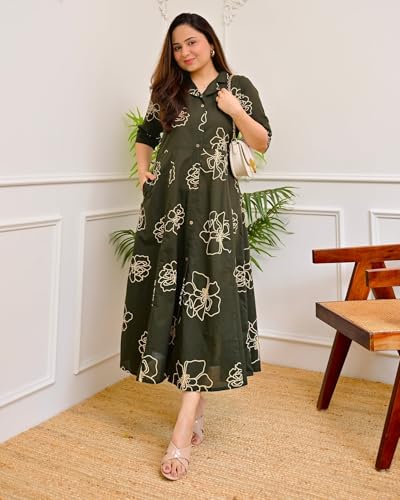 Image of Women's Floral Print Midi Dress, Rayon, A-Line Fit and Flare, Shirt Collar, Half Sleeves, Casual Wear