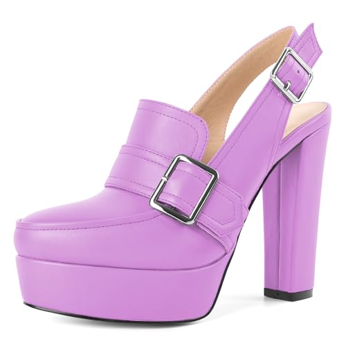 Image of Women's High Heel Loafers Platform Pumps Round Toe Heels Chunky Heel Pumps Stylish Comfortable 4.8 Inch Slingback Heels