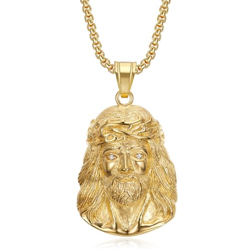 Gorgeous Stainless Steel Jesus Pendant Necklace with Cubic Zirconia Eyes Jesus Chain Religious Jewelry for Both Men and Women