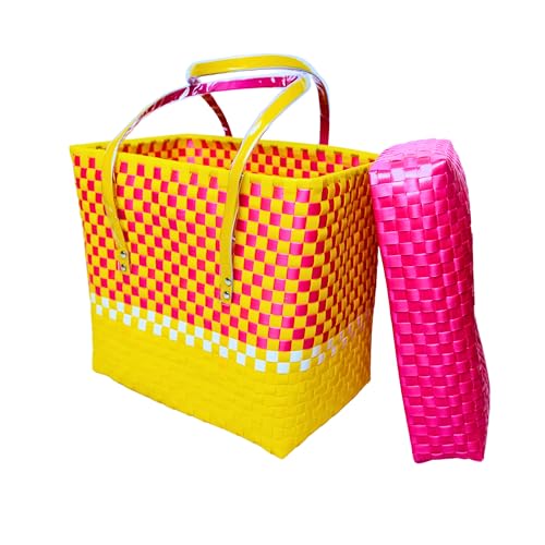Image of Hand Made Multipurpose Plastic Basket with Lid | Eco-Friendly, Washable, Rust-Free Storage Basket for Kitchen, Picnic, Toys, Travel, Office | Lightweight basket (Yellow with Pink, XL)