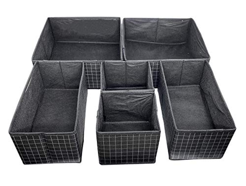 Image of House of Quirk Non-Woven Foldable Cloth Storage Box Closet Dresser Drawer Organizer Cube Basket Bins Containers Divider with Drawers Set of 6(Black Grid),28x28x13 cm