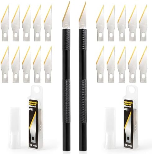 Gomake Exacto Knife Set 2PCS Precision Hobby Knife with 20 Packs #11 Titanium Coated Replacement Blades,Utility Cutting Tool for Crafting Scrapbooking Rubber Stamps Handmade Work